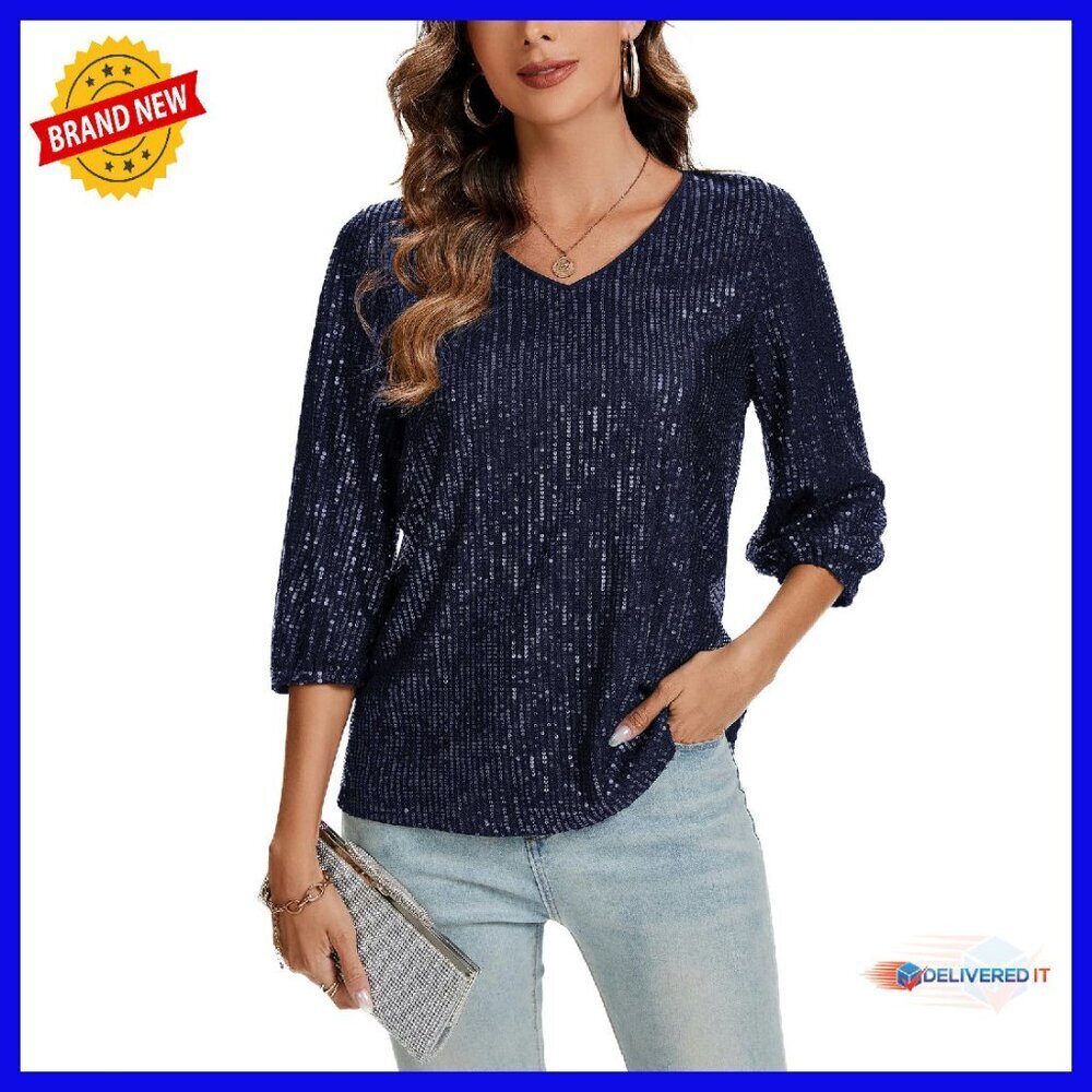 Sparkly Sequin Top 3/4 Sleeve V-Neck Party Blouse Loose Fit